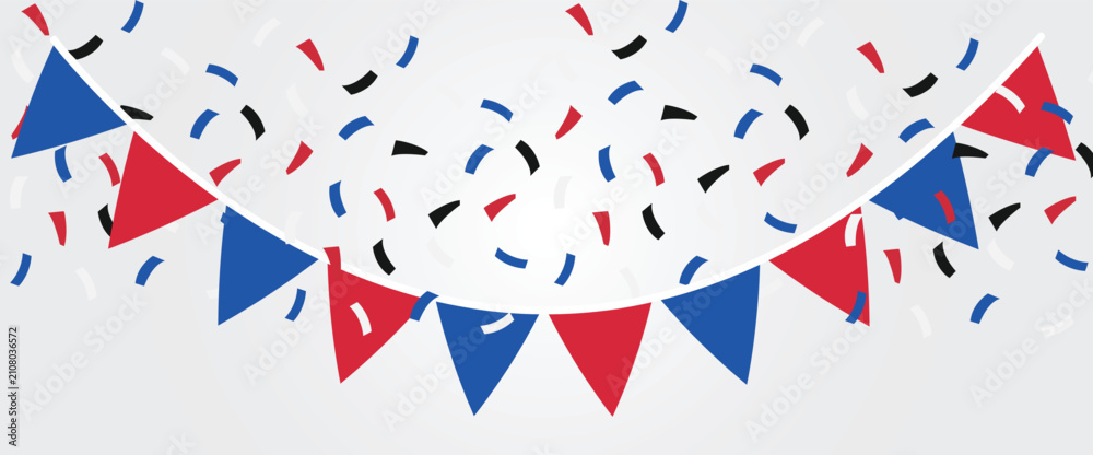 Obraz premium Festive red and blue bunting flags with falling confetti on a white background.