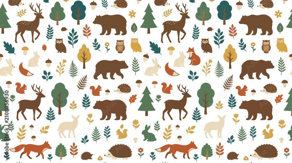 Obraz premium Forest wildlife animals and trees seamless pattern with wildlife, seamless