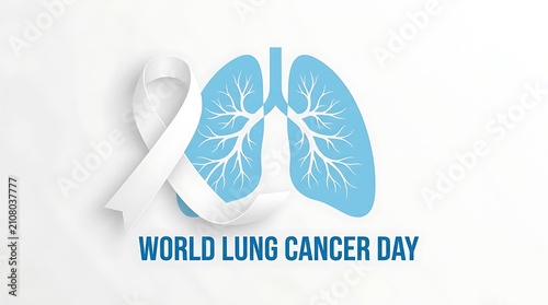 World lung cancer day design with blue anatomical lungs and white ribbon