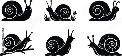Foto Snail Silhouette Icon Set Collection – Snail Shell, Garden Snail, Escargot, Mollusk, Gastropod, Black Glyph Vector Icons Isolated