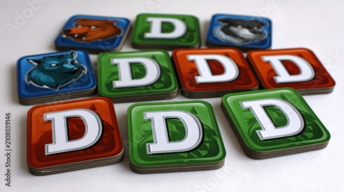 Stacked square game tiles, each featuring a stylized 