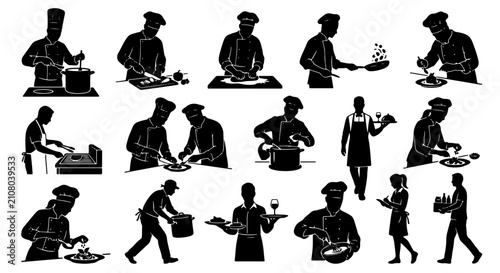 Foto Chef Silhouette Collection: Culinary Professionals Cooking, Serving, and Prepari
