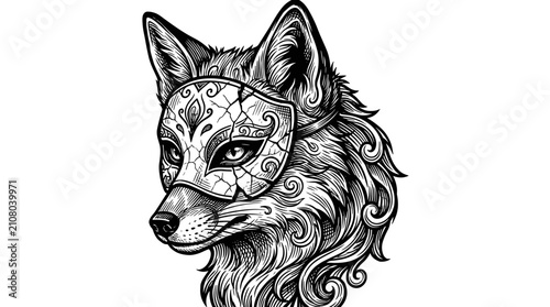 Intricate Black and White Illustration of a Fox Wearing a Decorative Mask