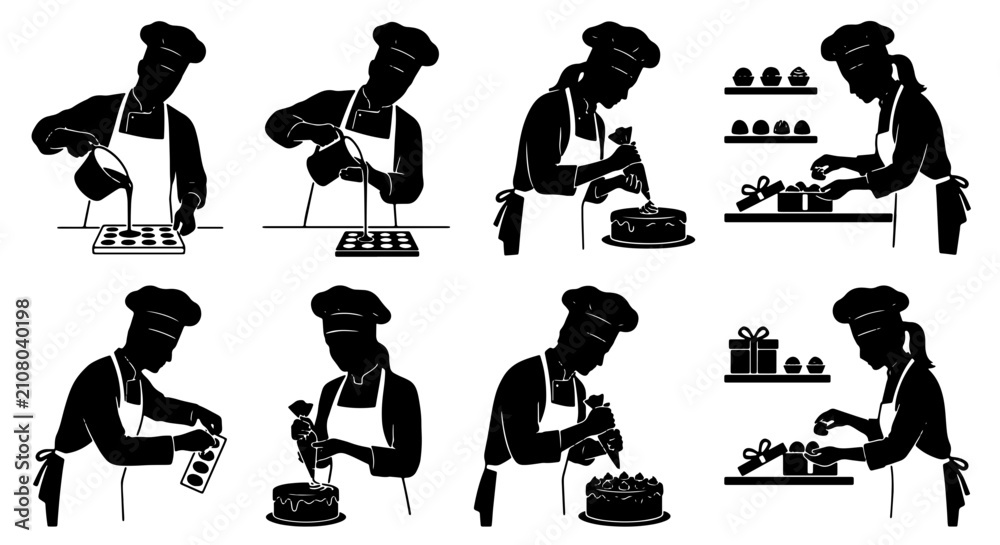 Obraz premium Baker Silhouette Set, Pastry Chef Decorating Cakes and Desserts, Culinary Art Vector Icons
