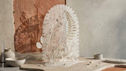 Ceramic Herbarium Fragments Cross a Stitched Vellum Arch