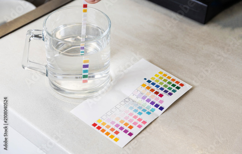 Canvastavla Hand of person immersing water quality test strip in glass of clear water to mea