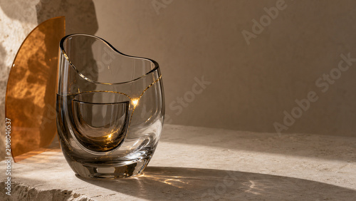 Nested Glass Vessel With a Luminous Golden Repair Seam