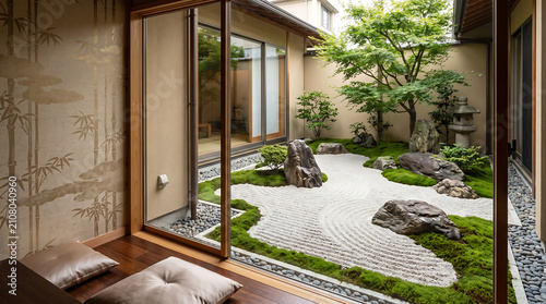 Traditional Japanese zen garden view from indoor tatami room.