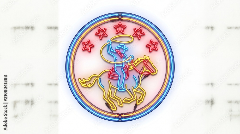 Fototapeta premium Neon cowboy riding a horse with lasso and stars sign