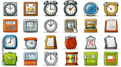 Cartoon office supplies, clocks, and timers.  A collection of various cartoon icons representing office tools, including clocks, alarm clocks, timers, calculators,