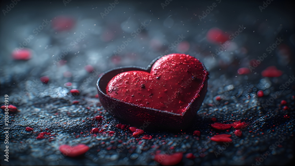 Fototapeta premium Sparkling Red Heart Shape Chocolate Candy on Dark Textured Surface with Falling Glitter