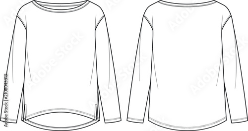 Bild auf Leinwand Women's long sleeve top technical flat sketch with curved hem and side slits fro