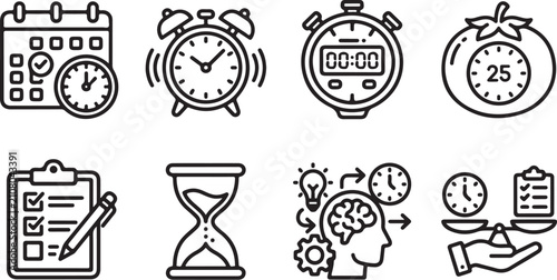 Time management and productivity flat icons set
