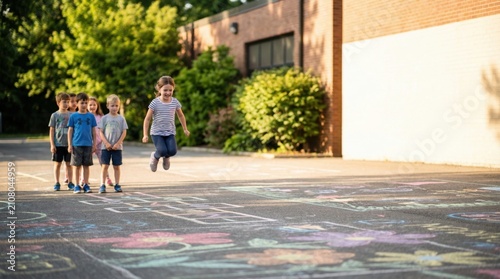 Children playing joyfully in a schoolyard with colorful chalk drawings