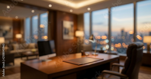 Fully blurred executive office interior with luxurious furnishings, panoramic windows, elegant architecture and sophisticated corporate atmosphere creating a premium business background