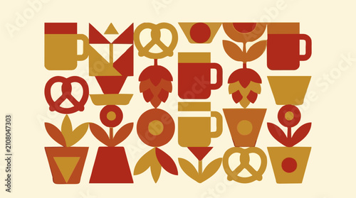 Abstract Geometric Floral Pattern Vector Illustration with Stylized Mugs, Pretzels, and Hops in Warm Autumnal Colors, Seamless Graphic Design Element