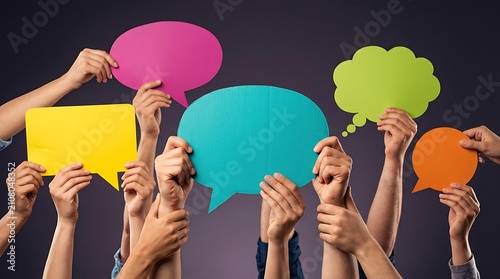 Many hands holding colorful speech bubbles against a dark background