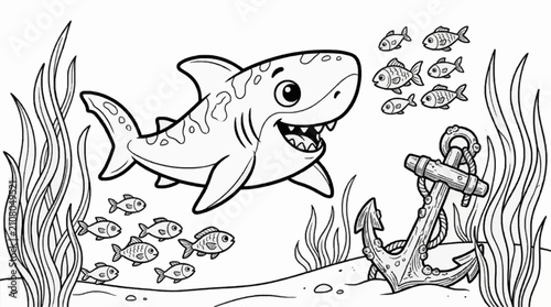 Fotografía Cute Baby Shark Swimming with School of Fish Near Anchor and Seaweed, Black and