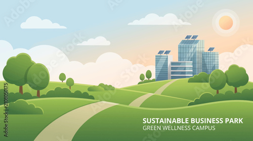 Modern sustainable business park. Eco friendly office campus on green landscape.
