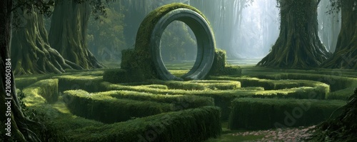 Lush green hedge maze with large circular archway entrance