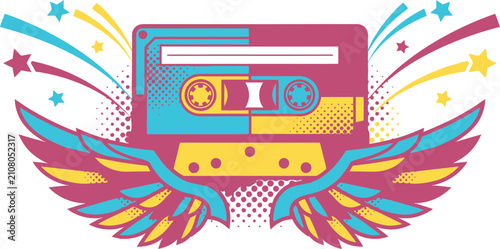 Retro cassette tape with wings stars and colorful abstract explosion on white background vintage music