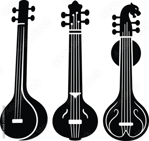 Three distinct black silhouettes of Indian stringed musical instruments including a sitar and tanpura