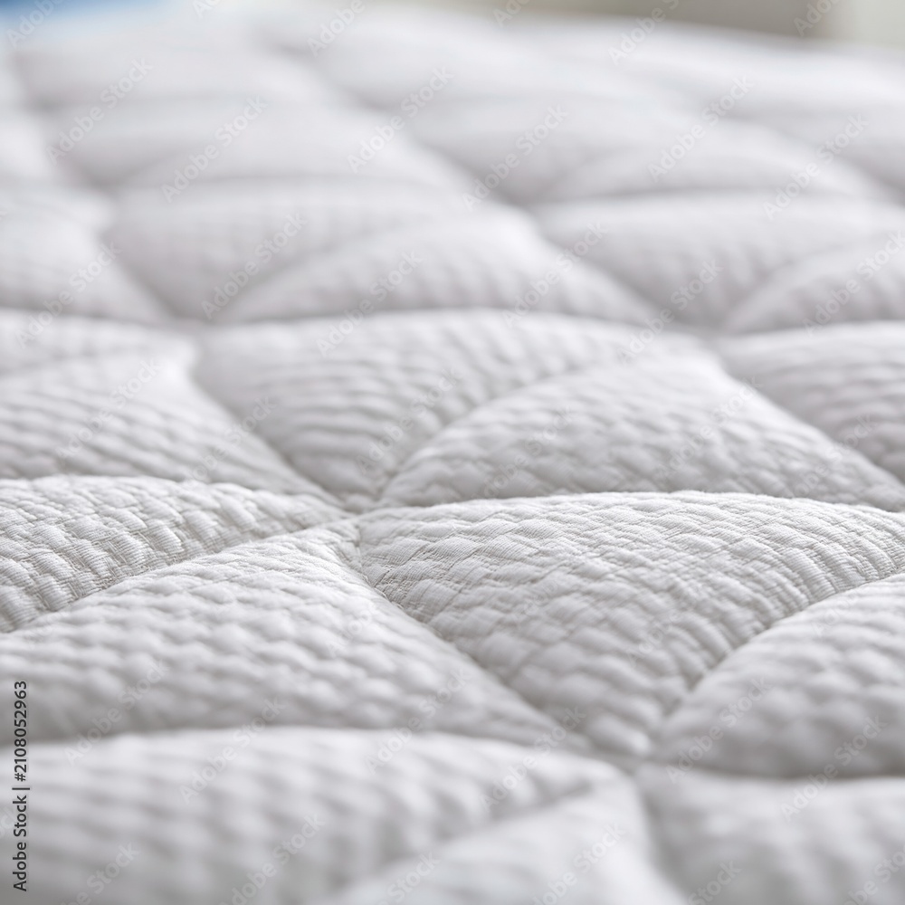 Obraz premium Close-up textured surface of a clean white quilted mattress fabric, providing comfort and support