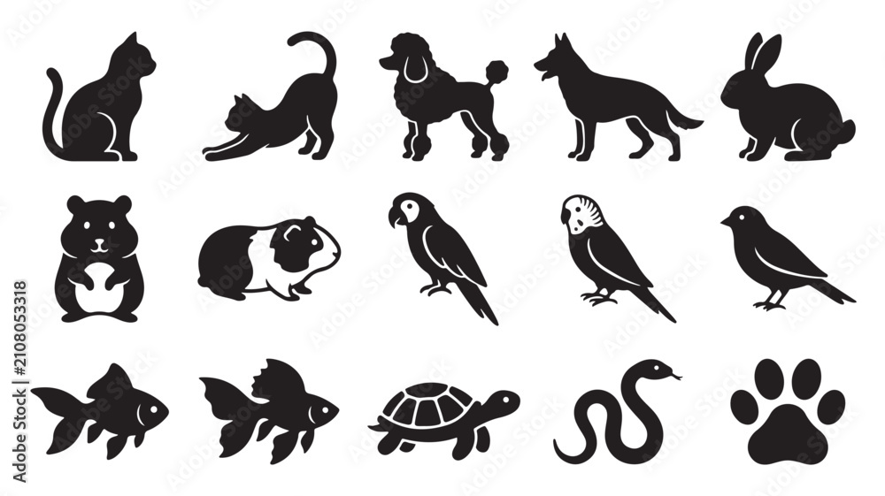 Fototapeta premium Pet silhouette icon set. Includes cat, dog, rabbit, hamster, parrot, goldfish, and turtle symbols. Black vector elements for veterinary clinic and pet shop.