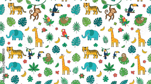Photography Seamless pattern of cute watercolor safari jungle animals on white background