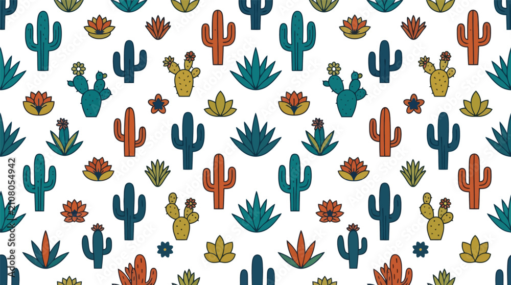 Obraz premium Seamless pattern illustration of various colorful desert cacti and succulents