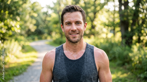 Confident fit man after exercise on outdoor path, smiling proudly at camera with green trees in background. Strong fit man after exercise embodies healthy lifestyle and dedication to fitness.