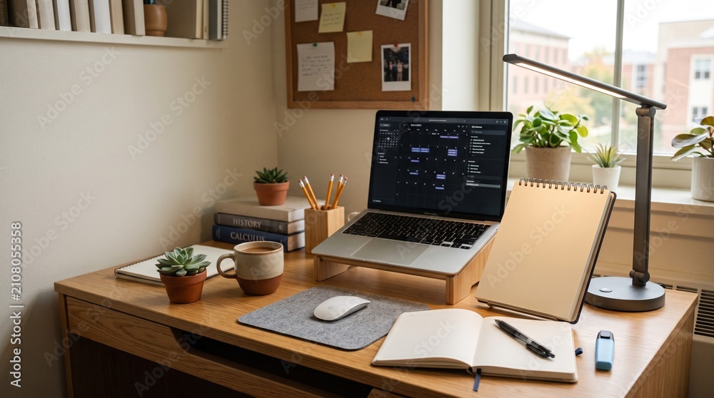 Fototapeta premium Modern Home Office Desk Setup with Laptop Plants and Coffee Mug for Productive Work