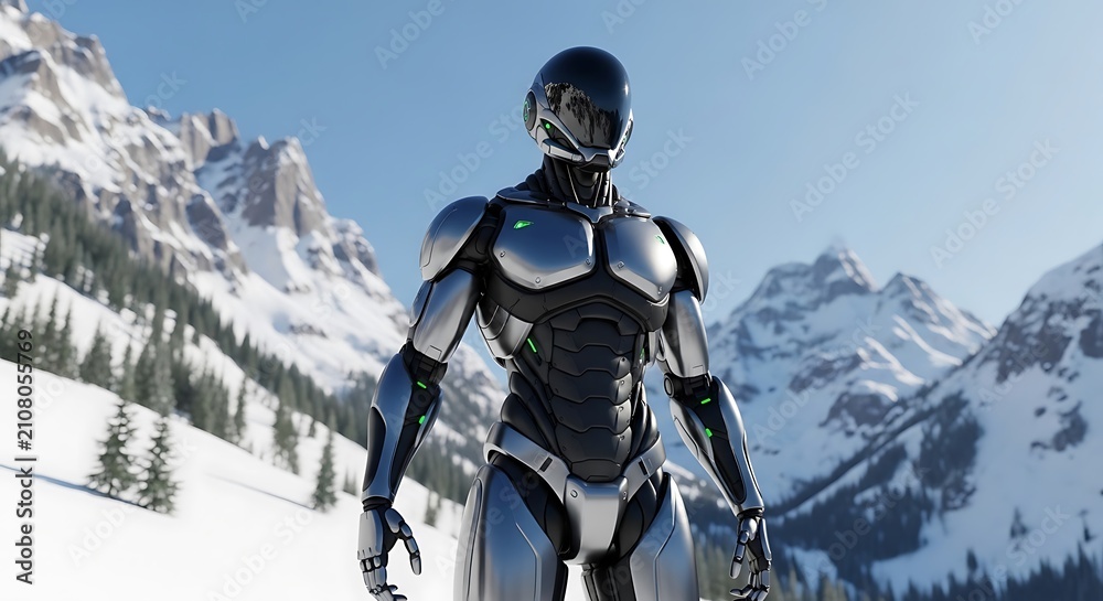 Naklejka premium Futuristic robot standing in front of snowy mountain peaks in winter