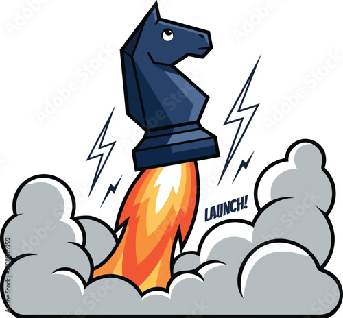 Dark blue chess knight piece launching like a rocket with fire and smoke and lightning bolts chess piece