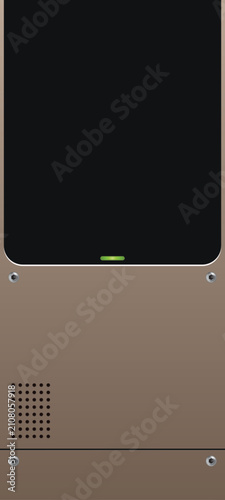 Brown metallic electronic control panel with a blank black screen, green indicator light, and speaker grille. Vector UI illustration.