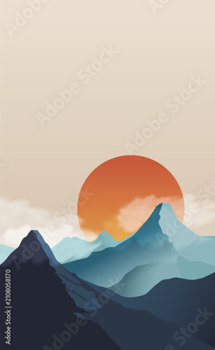 Minimalist mountain landscape illustration with a large orange sun, clouds, and blue peaks. Vertical oriental style wallpaper.