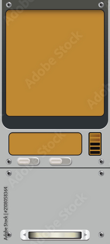 Brown metallic electronic control panel with a blank black screen, green indicator light, and speaker grille. Vector UI illustration.