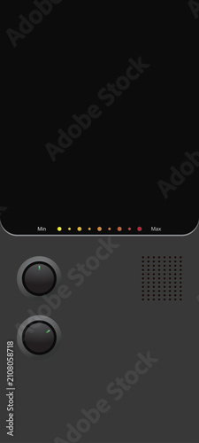 Dark audio control panel with two round knobs, volume LED meter, speaker grille, and blank screen interface. Vector illustration.