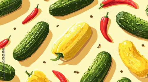 Colorful vegetables, cucumbers, peppers, and chili peppers on a pale yellow background
