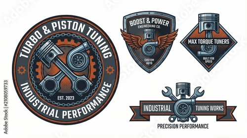 vintage automotive tuning and mechanic badges. retro garage logos with piston, turbocharger, wrench and gear elements. industrial performance concept. print, emblem, sticker, banner, website header.