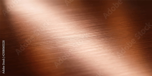 Top view of smooth brushed copper surface with warm directional light reflection background metallic reflection
