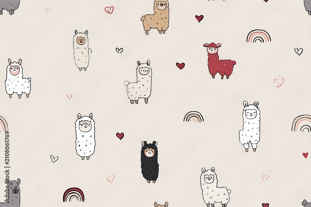 Fototapeta premium Cute and colorful llama patterns featuring adorable llamas surrounded by hearts and rainbows perfect for fabric stationery wallpapers and fun designs. Generative AI