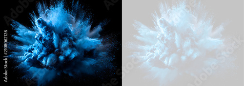Dynamic blue dust explosion isolated on transparent and dark background. Holi color powder cloud effect
