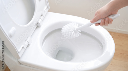 Plakat 洋式トイレの便器内をトイレブラシでこすり洗いして掃除する様子・清潔で衛生的なトイレお手入れ