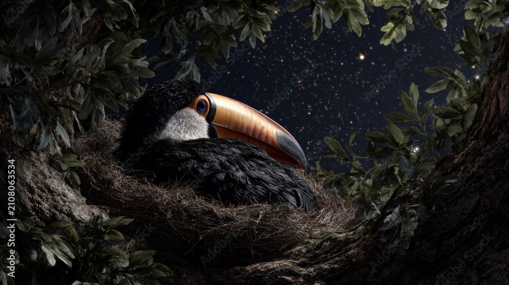 Obraz premium A toucan rests in its nest of twigs and leaves, night sky visible beyond the foliage. The bird?s large beak is prominent