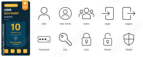 user account profile icon line style login security editable stroke vector set