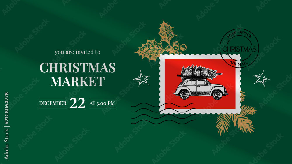 Obraz premium Christmas collage with hand drawn holiday elements. Poster with postage stamp. Festive mood, elegant vintage style. Vector sketch illustration.