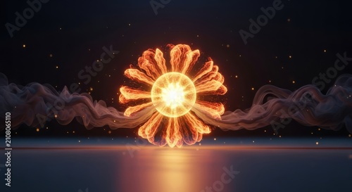 Energetic Fiery Bloom Unleashing Radiant Aura Amidst Wisps of Smoke and Fleeting Sparkles Symbolizing Growth and Transformation with Intense Visual Power.