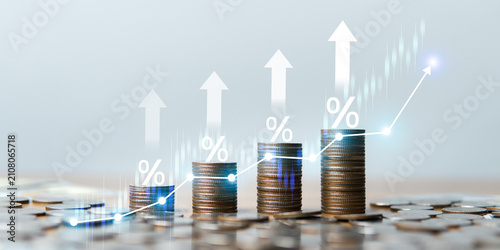 Cuadro en lienzo Financial Growth and Compound Interest with Rising Coin Stacks and Percentage Sy