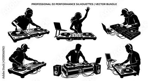 Photos Professional DJ Performance Silhouettes, Vector Bundle: 6 Dynamic Music Mixer Sc